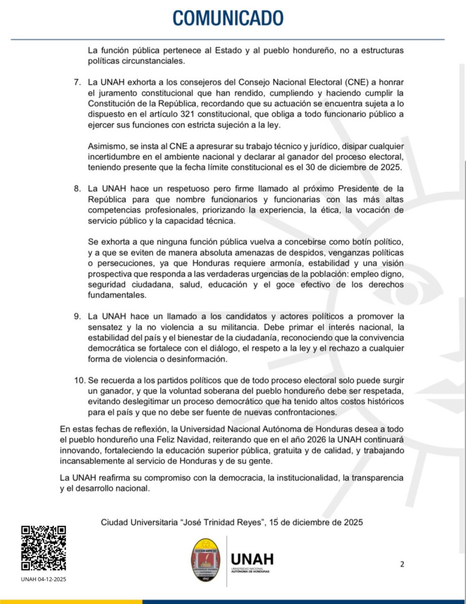 UNAH exige una transición de gobierno responsable, advierte contra decisiones que comprometan al Estado y llama al respeto de la institucionalidad democrática.