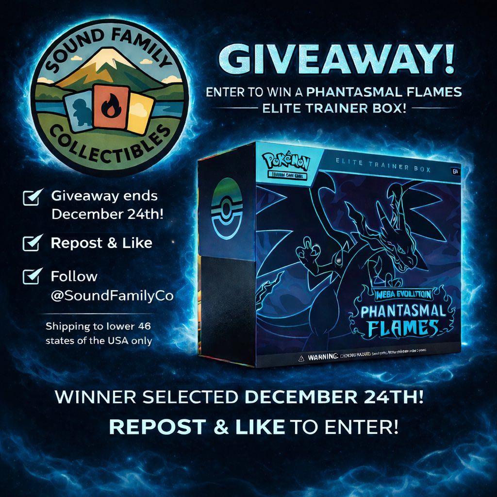 PokeTCGiveaways's tweet image. Win a Phantasmal Flames ETB! 🔥 

✅ Repost and like
✅ Follow us and @SoundFamilyCo 
✅ Tag a mate / reply with your chase

Winner will be drawn on 24th December.

#Pokemon | #PokemonTCG | #Giveaway