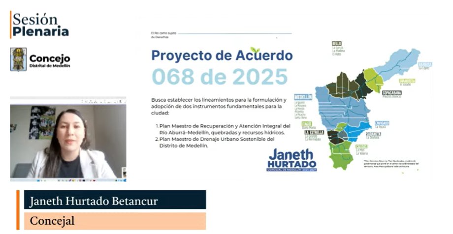 Durante su intervención, la concejala <a href="/Janeth_HB/">JANETH HURTADO B</a>  señaló que este es un proyecto estratégico y de alto alcance para la ciudad, al permitirle a Medellín volver la mirada hacia el río y fortalecer la gestión del riesgo, en medio de las múltiples dificultades que ha enfrentado el