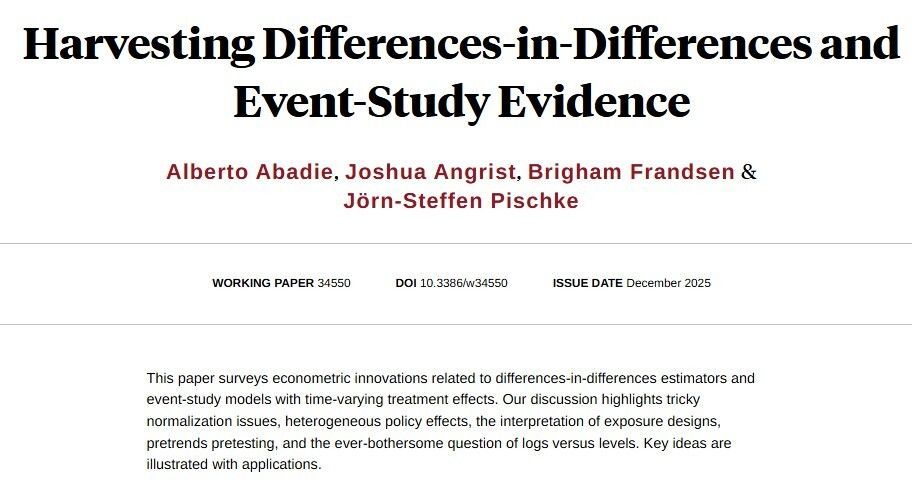 Surveying econometric innovations related to differences-in-differences estimators and event-study models with time-varying treatment effects, from Alberto Abadie, <a href="/metrics52/">Josh Angrist</a>, Brigham Frandsen, and Jörn-Steffen Pischke nber.org/papers/w34550