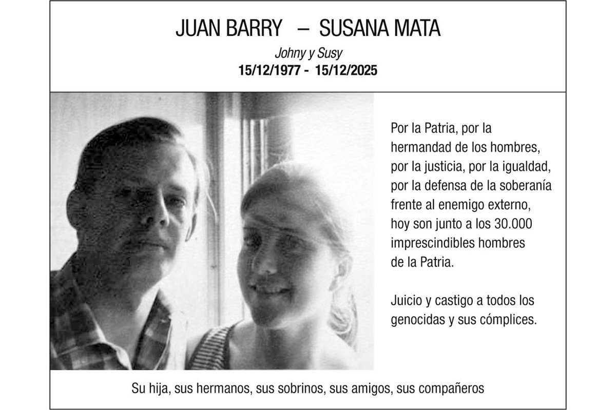 Hoy se cumple un nuevo aniversario del asesinato/desaparición de mis padres Susana Mata, Juan Alejandro Barry en Uruguay en el marco del plan Cóndor. Contra el negacionismo, los recuerdo con más amor y cariño,  están PRESENTES en mi vida y en mi lucha más que nunca. #Son30mil