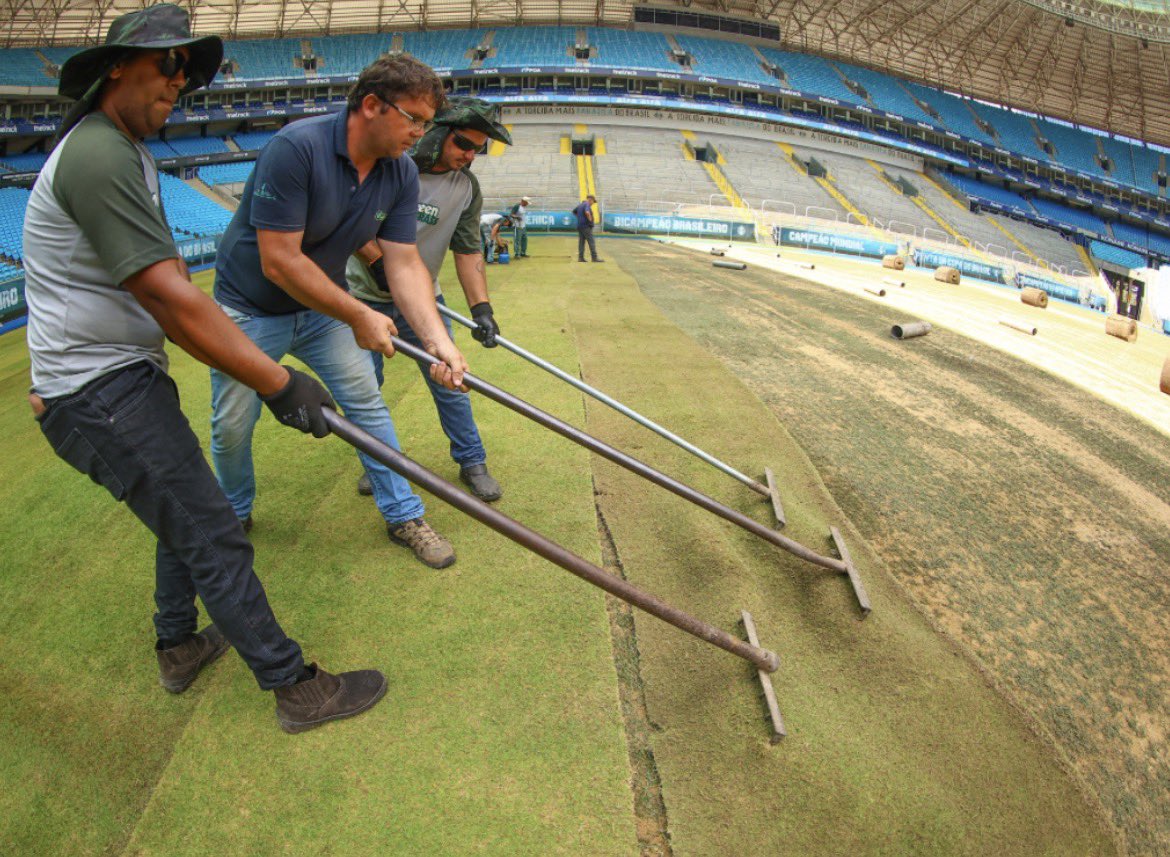 O Grêmio divulgou novas imagens da instalação do novo gramado da Arena.

Será o primeiro do Brasil com a grama Tahoma, a mesma variedade prevista para a próxima Copa do Mundo. A colocação deve ser finalizada até no dia de hoje, com aplicação de rolo compressor e nova camada de