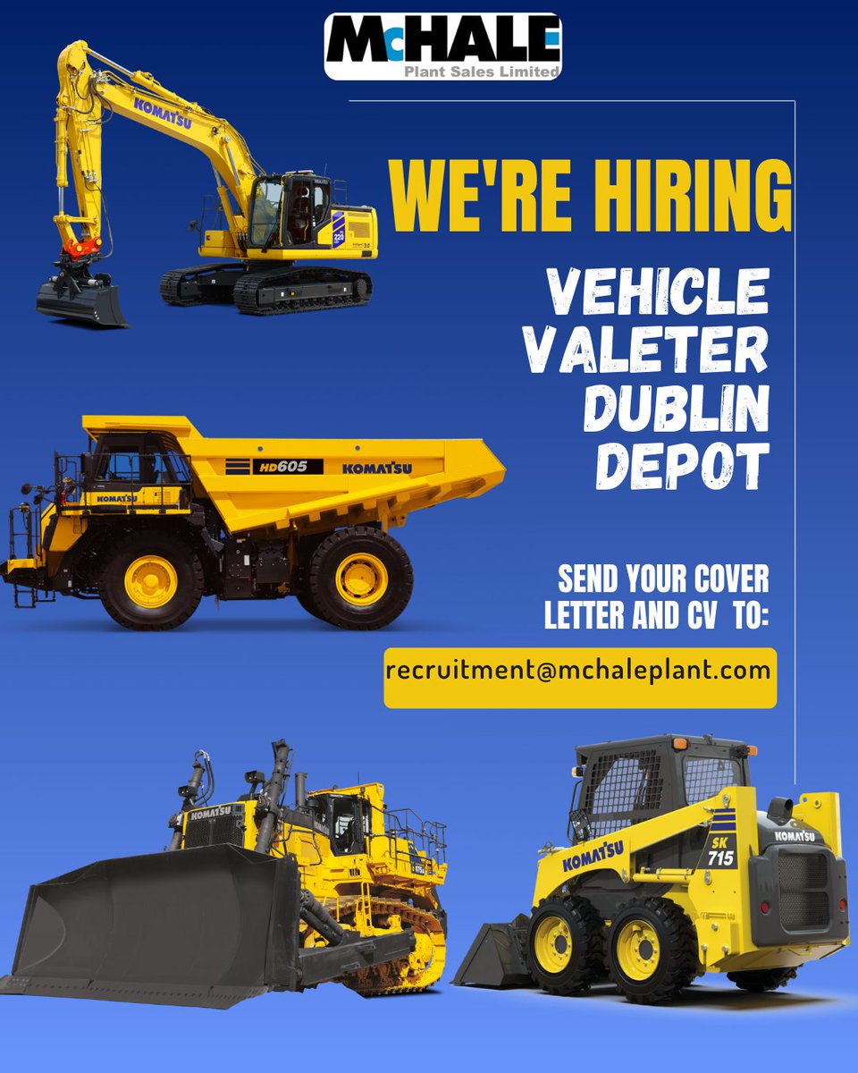 MpsUsed's tweet photo. We’re Hiring!

McHale Plant Sales is on the lookout for a Vehicle Valeter at our Dublin Depot. Keep our vehicles shining and join a great team!

📧 Send your CV &amp; cover letter to recruitment@mchaleplant.com

#VehicleValeter #DublinJobs #McHalePlantSales  #JoinOurTeam https://t.co/PJMEC4L2rb