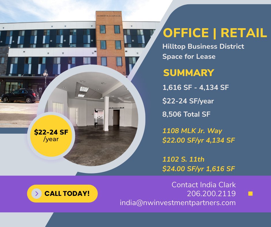 Looking to lease an office or retail space in Tacoma?

The Alberta J. Canada building provides tenants with the convenience of a walkable, transit-connected location. 

Contact India Clark at 206.200.2119, india@nwinvestmentpartners.com, or visit ow.ly/RQmU50XJO3m.