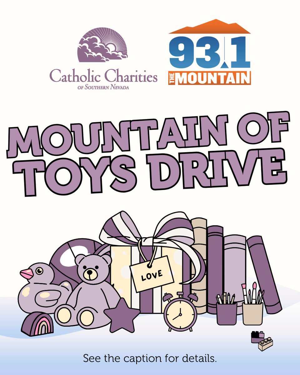 CathCharitiesNV's tweet image. 💜 @dudeitsice  @93.1 The Mountain’s Mountain of Toys drive benefits Catholic Charities of Southern Nevada, and every donation helps local children this holiday season. 

Donate a new toy ($15+) and receive a $20 House of Blues gift card.
Donate a bike and score concert tickets.