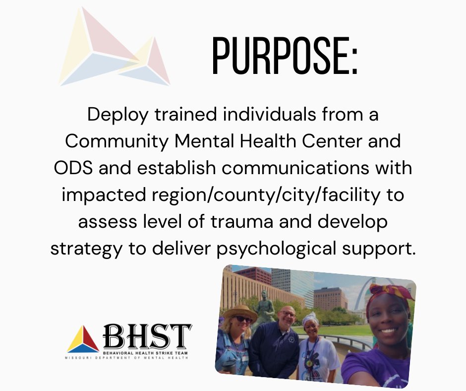 DMHDisaster's tweet image. The Behavioral Health Strike Team is an integral part of the Office of Disaster Services! They provide skilled support to an impacted region/county/city/facility after a disaster. Learn more about the BHST on our website at dmh.mo.gov/disaster-servi…