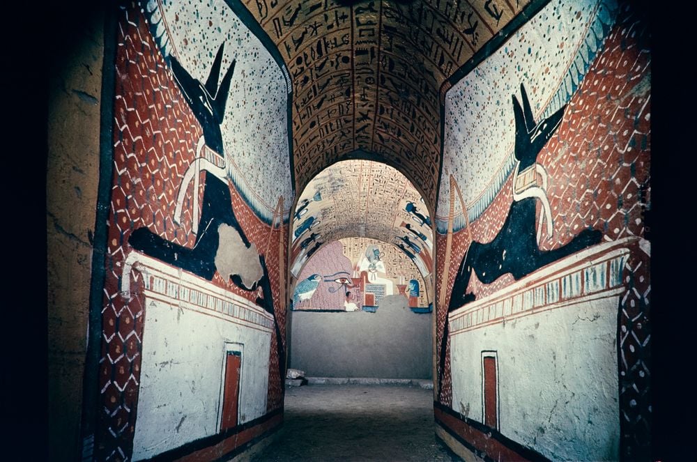 egyptomuseum's tweet photo. Anubis as a jackal guarding the burial chamber

New Kingdom, 19th Dynasty, ca. 1292-1189 BC.

Tomb of Pashedu (TT3), Deir el-Medina, Thebes.

Photo: Brian Brake

#ancientegypt #anubis #pashedu https://t.co/ieO3IecEaf