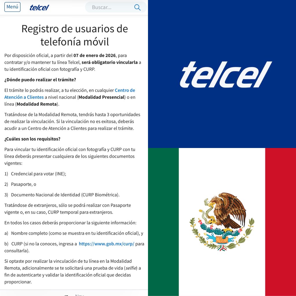 Damas y caballeros, ya es completamente oficial, a partir del 7 de enero todos los clientes Telcel deberán registrar sus líneas celulares, o se bloquearán…¡¡¡Será obligatorio vincularla a tu identificación oficial con fotografía y CURP!!!