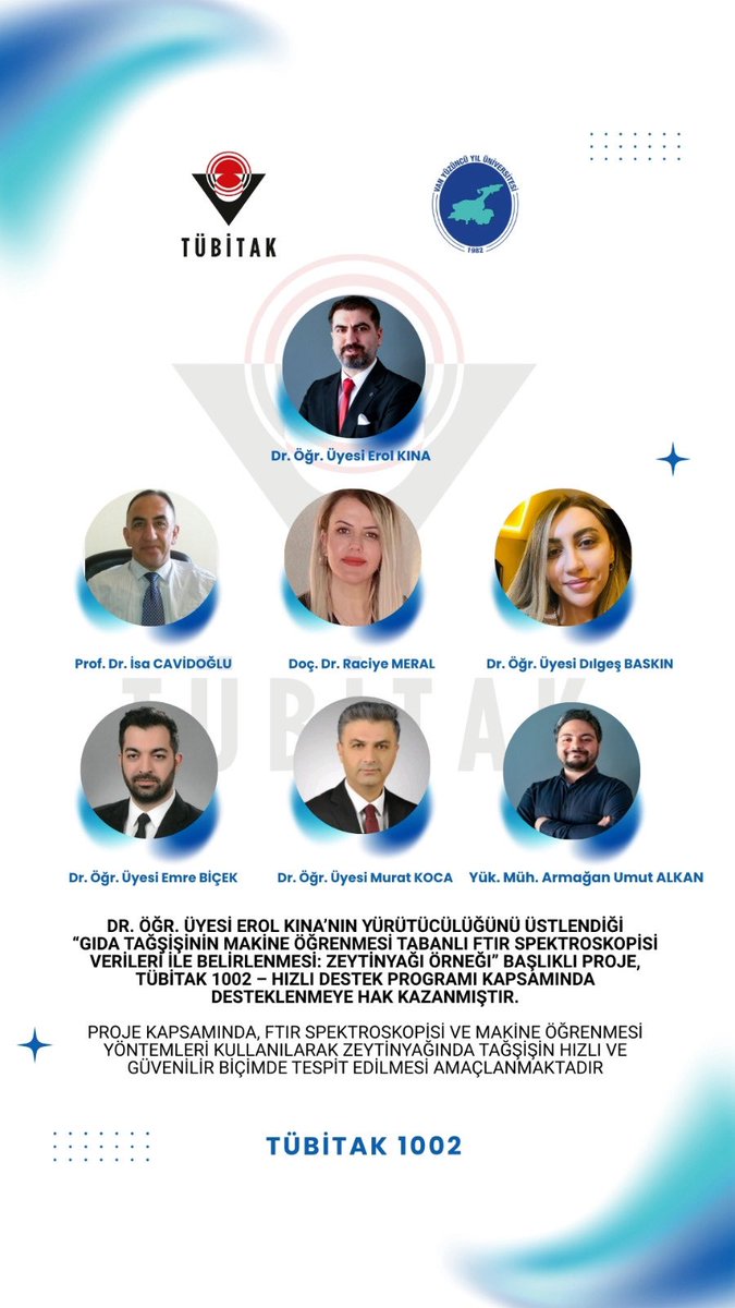 📌 TÜBİTAK 1002 destekli projemiz kabul edildi.

“Gıda Tağşişinin Makine Öğrenmesi Tabanlı FTIR Spektroskopisi Verileri ile Belirlenmesi: Zeytinyağı Örneği”  adlı projemizde; 
🔬 FTIR + 🤖 ML ile
🫒 zeytinyağında tağşişin hızlı ve güvenilir tespiti hedeflenmektedir .