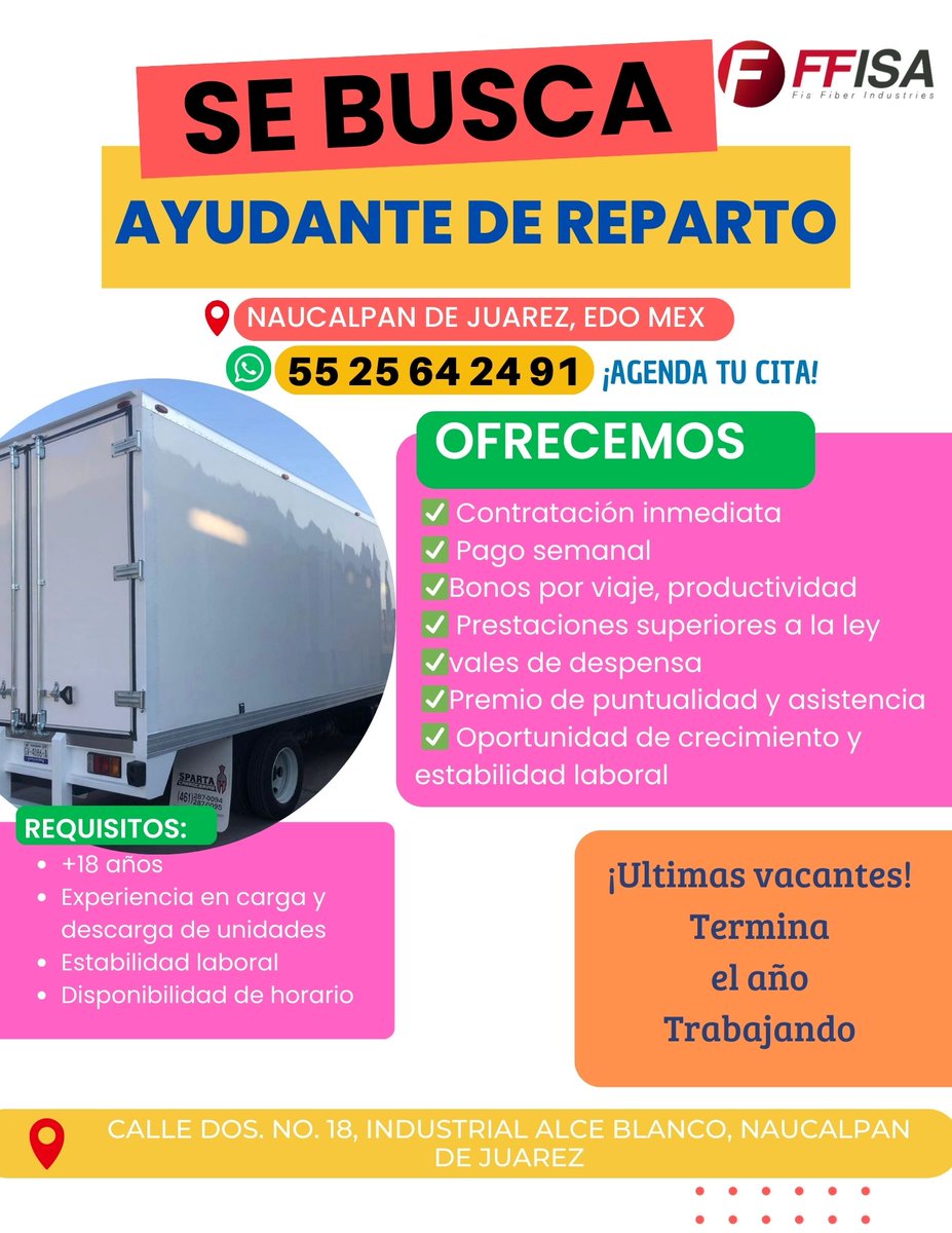 FisFiber's tweet photo. Estamos en búsqueda de Ayudante General en tres turnos a elegir, Ayudantes de Reparto, Choferes de Camionetas de 3.5 Tons y Escaneadores todos en jornada completa. Agenda tu cita en https://t.co/XAe0L8OzyO #Empleo #Trabajo #BolsadeTrabajo #FisFiber https://t.co/B9ngZy4KSh