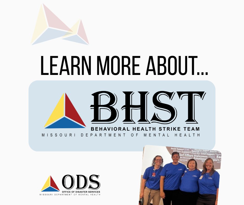 DMHDisaster's tweet image. The Behavioral Health Strike Team is an integral part of the Office of Disaster Services! They provide skilled support to an impacted region/county/city/facility after a disaster. Learn more about the BHST on our website at dmh.mo.gov/disaster-servi…