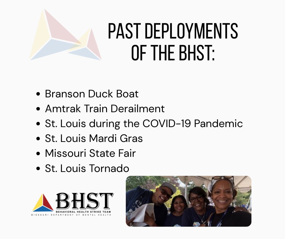 DMHDisaster's tweet image. The Behavioral Health Strike Team is an integral part of the Office of Disaster Services! They provide skilled support to an impacted region/county/city/facility after a disaster. Learn more about the BHST on our website at dmh.mo.gov/disaster-servi…