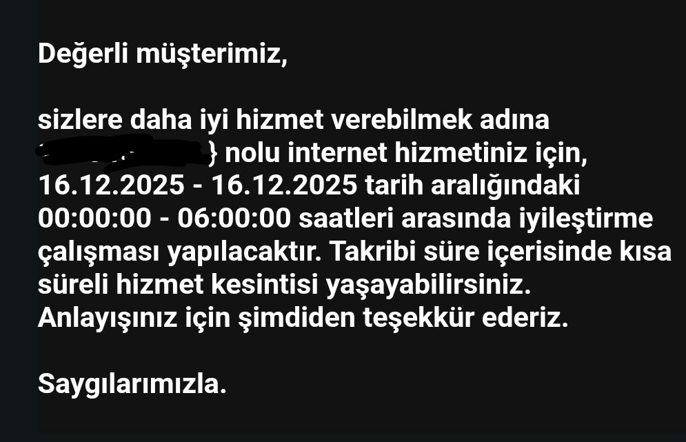 Türk telekom ne yaptığını biliyormu acaba? 1 haftadır kesik olan hatta bakım için mesaj geldi. Ayda 4 gün internet veriyorsunuz. Faturasını kesiyorsunuz birde bakım yapıcaz diyorsunuz. Çok büyük pişmanlıksın <a href="/TurkTelekom/">Türk Telekom</a> <a href="/TTDestek/">Türk Telekom Destek</a> not: hemen msj atın sizi arayacağız diye.