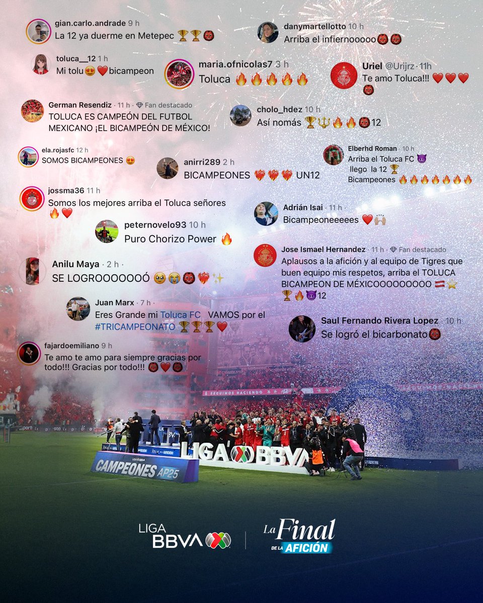 LigaBBVAMX's tweet image. Los Diablos siempre con tremendo aguante para su Rojo en #LaLigaDeLaAfición. 🫡

Por eso quiero ver este post con puros mensajes de la banda del @TolucaFC para su equipo campeón. ❤️‍🔥👇

#AP25
