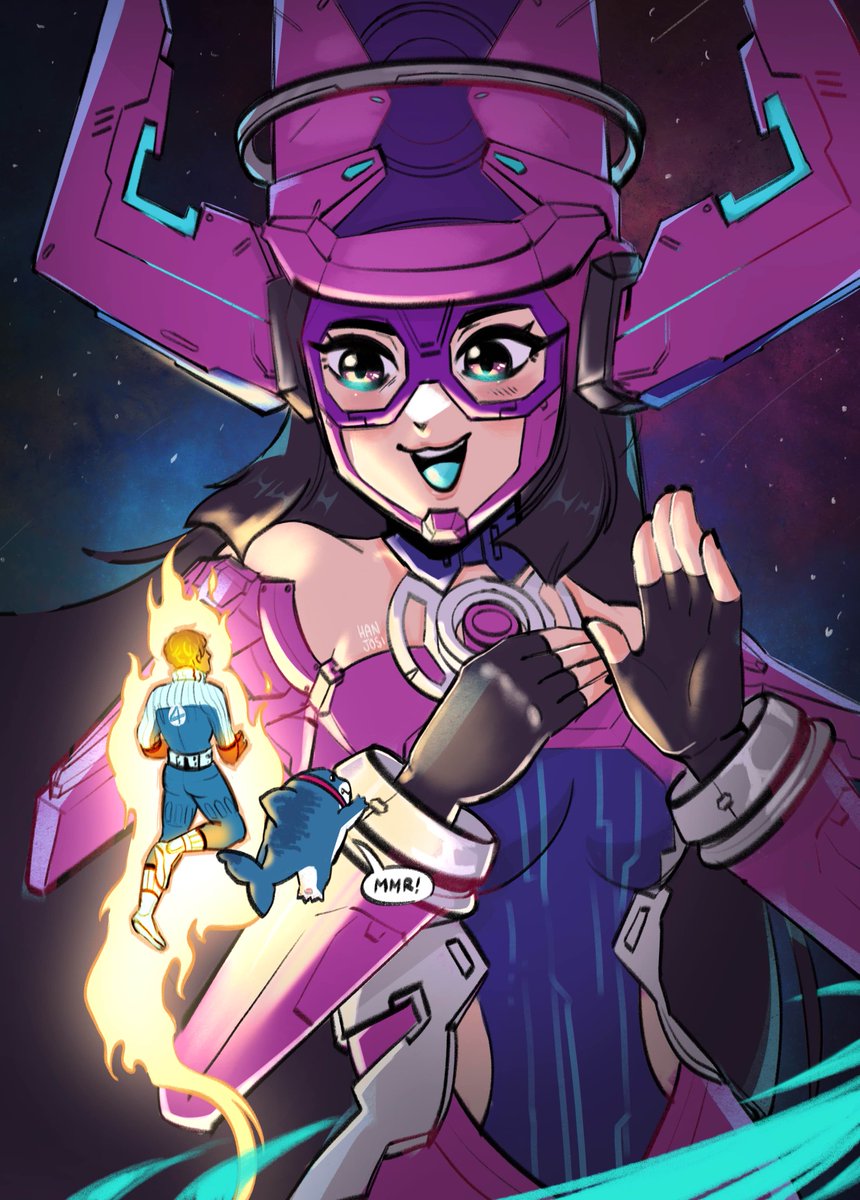 hanjosi's tweet image. Day 16 of my Draw Jeff December challenge 🦈 

A quick trip from Jeff and Johnny to visit Galacta ahead of the Anniversary event. #MarvelRivals