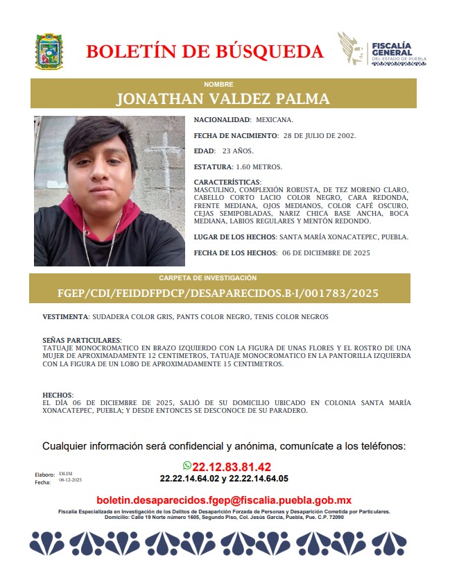 #ServicioSocial Piden ayuda para localizar a Adrián y Jonathan Valdez Palma de 27 y 23 años. 

Fueron vistos por última vez el pasado 6 de diciembre cuando salieron de su domicilio en la colonia Santa María Xonacatep, en la ciudad de Puebla. <a href="/VozdelosDesapa/">Voz de los Desaparecidos en Puebla</a>