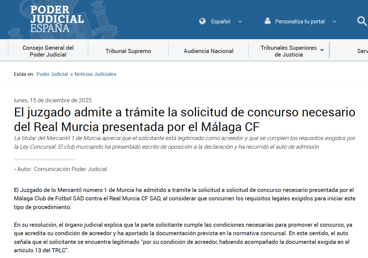 El Juzgado de lo Mercantil num. 1 de Murcia admite a trámite la solicitud de concurso necesario presentada por el Málaga CF SAD contra el Real Murcia CF SAD.
Más info en:
poderjudicial.es/cgpj/es/Poder-…