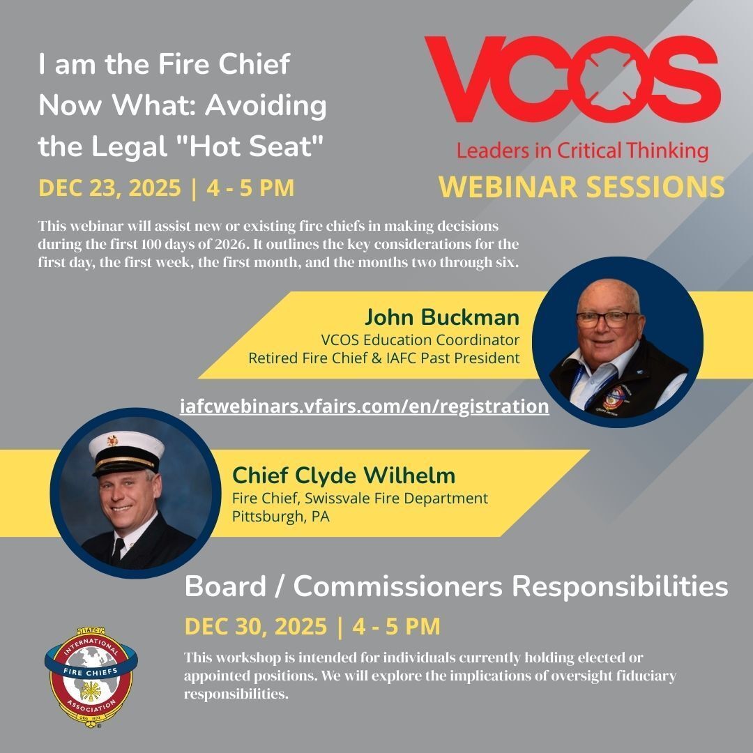 💻 2 VCOS-Sponsored Webinars This December

🗓️ Dec 23: I’m the Fire Chief—Now What? Avoiding the Legal “Hot Seat”
🗓️ Dec 30: Board / Commissioners Responsibilities

👉 Register: buff.ly/Nq64E1A