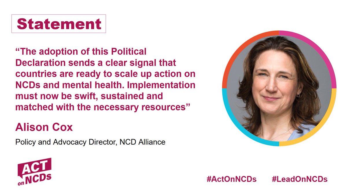 ncdalliance's tweet image. 🎉A major win for global health 🎉The UN has adopted the Political Declaration on #NCDs &amp;amp; Mental Health — sending a strong signal that countries are ready to act. 
As Alison Cox of NCDA says: “Implementation must now be swift, sustained and matched with the necessary resources.”…