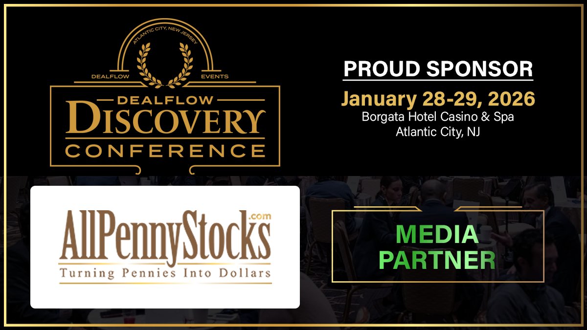 AllPennyStocks's tweet photo. We’re excited to be an official media partner of the DealFlow Discovery Conference!

Held on Jan 28–29 at The Borgata in Atlantic City, covering all the top microcap stories of 2026.

https://t.co/Hz5uReYcrr https://t.co/aQXRQUHzKW
