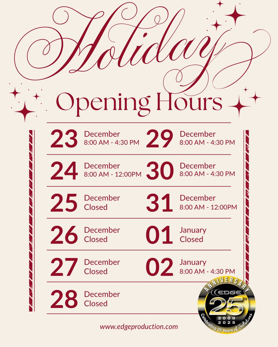 Tis' the season!🎄Here are our hours of operation through this holiday season! Edge wishes everyone a Merry Christmas and a Happy New Year!

#EdgeProductionSupplies #TotalMachiningSolutions #machinetools #industrialsupplies #YEG #YVR #YYC #WesternCanada #OilandGas