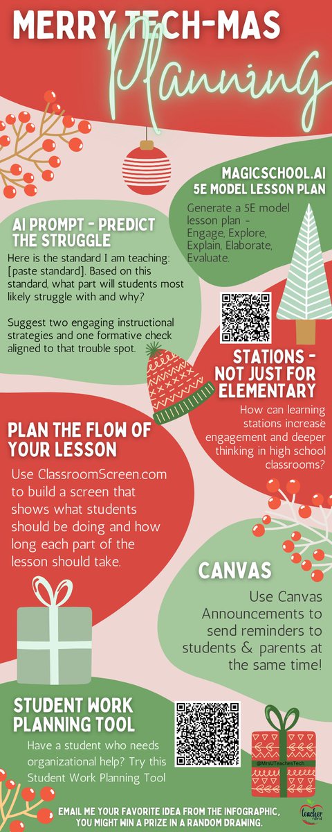 MrsUTeachesTech's tweet photo. I kicked off Day 1 of Merry Tech-mas today!! I was able to engage and open conversations with over 18 teachers today by sharing this graphic. #edtechcoach #edtech Featuring @magicschoolai @Classroomscreen @Canvas_by_Inst @CanvaEdu #techmas https://t.co/SQLf27CXIu