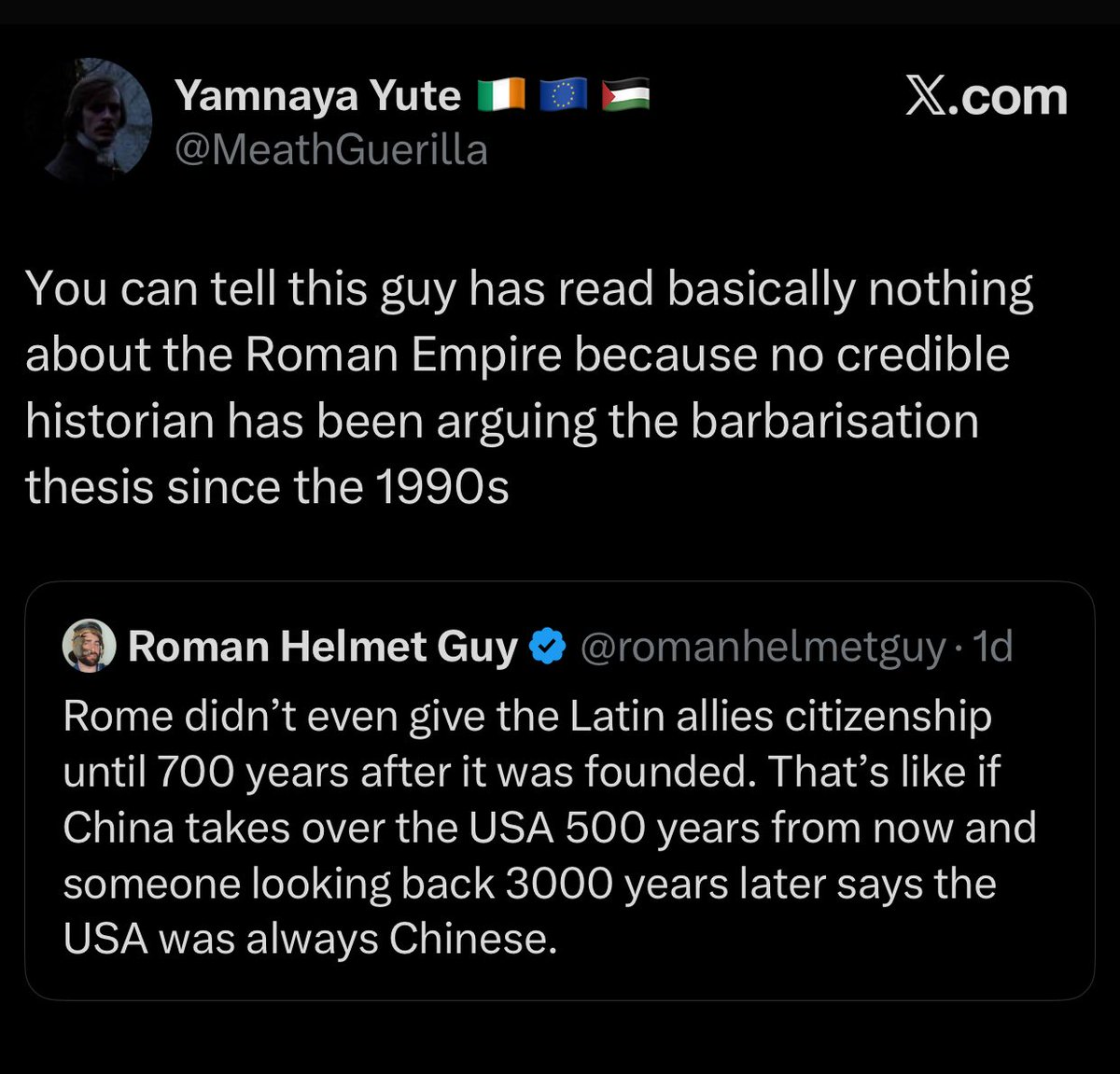 romanhelmetguy's tweet image. &amp;gt; Guy says it’s clear I’ve never read anything about the Roman Empire
&amp;gt; I tell him he’s probably never read actual Roman sources, just Marxist historians
&amp;gt; He says that’s not fair, the Marxist historian he read has read the Roman sources

These people are so predictable