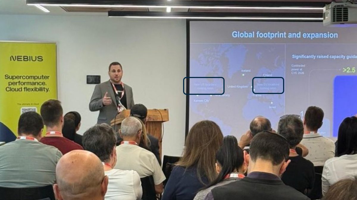 I came across this slide from a presentation given last week by $NBIS' Regional Sales Lead in Israel, outlining the roadmap toward 2026.

Not very clear, but we can read:

“New US locations coming soon”
“New EU locations coming soon”

This was partly expected, but it means $NBIS
