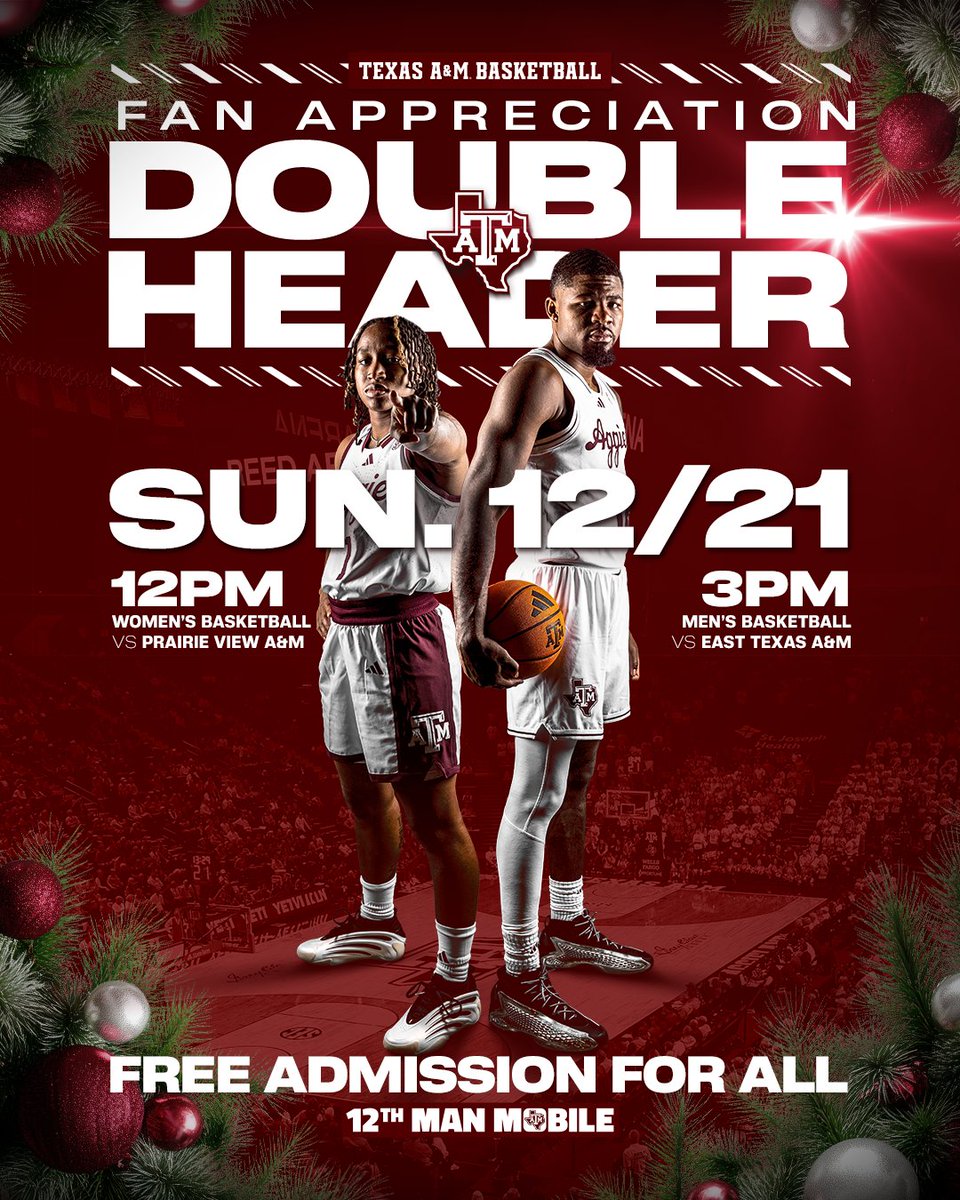 12thMan's tweet image. The perfect gift for the 12th Man? FREE BASKETBALL!

You read that right. FREE.

Join both teams on Sunday, 12/21 for a Fan Appreciation doubleheader. Catch @AggieWBB at 12 PM and @aggiembk at 3 PM. For more info visit 12thMan.com/Promotions