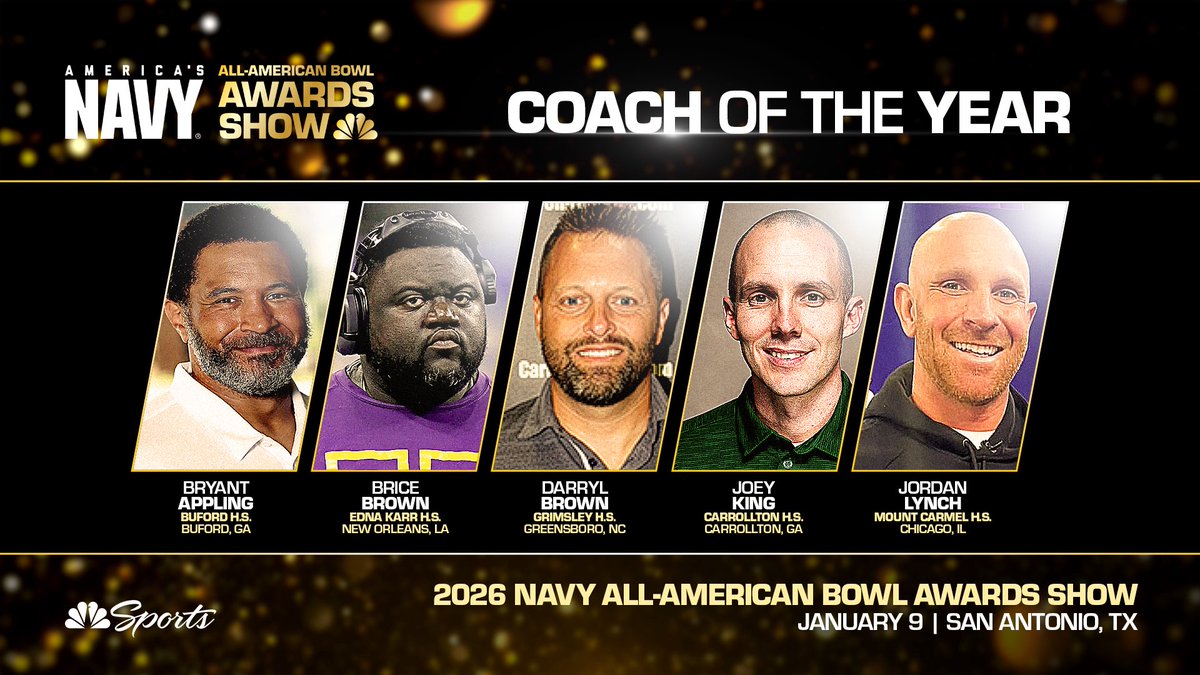 Finalists Selected for 2026 Navy All-American Bowl Coach of the Year Award

➖ Bryant Appling (Buford, GA)
➖ Brice Brown (New Orleans, LA)
➖ Darryl Brown (Greensboro, NC)
➖ Joey King (Carrollton, GA) 
➖ Jordan Lynch (Chicago, IL)

#NavyAAB 🇺🇸 <a href="/AmericasNavy/">America's Navy</a>