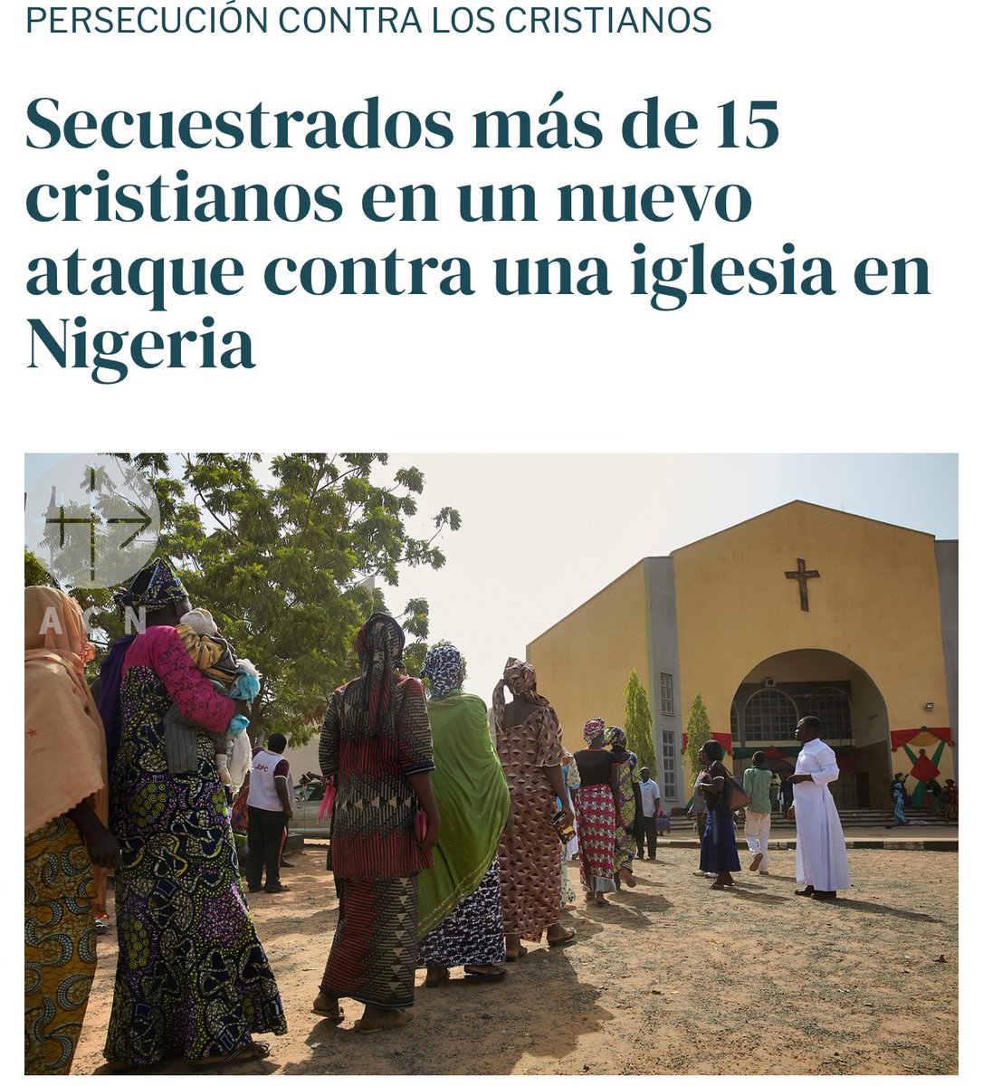 La persecución a los cristianos sigue en Nigeria: este fin de semana varios cristianos han sido secuestrados mientras acudían a misa.

El islamismo quiere eliminar a toda persona cristiana del país.

El gobierno de Nigeria mira hacia otro lado, al igual que la Unión Europea, al