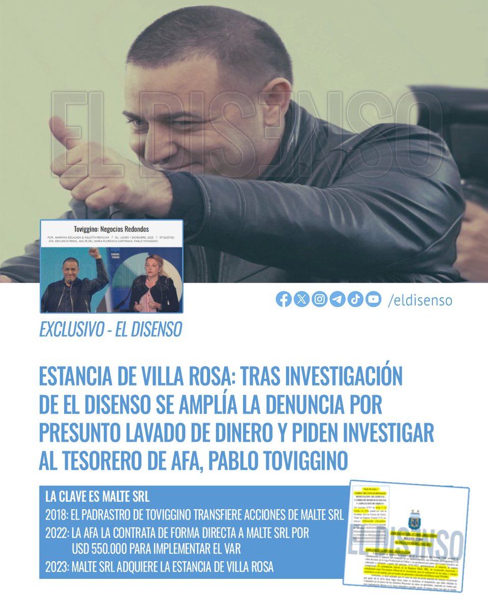 🚨#Toviggino⚠️La clave es🔎MALTE SRL🔥
✅2018: el padrastro de Toviggino transfiere MALTE SRL
✅2022: La AFA la contrata de forma directa a MALTE SRL por USD 550.000 para implementar el VAR
✅2023: MALTE SRL adquiere el inmueble de Villa Rosa😱
 🔥#Exclusivo🔎#ElDisenso
