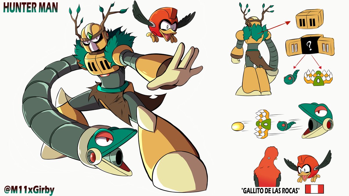 M11xGirby's tweet image. Robot Master Design: Hunter Man
A robot originating from Peru, designed to capture and immobilize dangerous animals of all sizes, can suction and expel objects and traps, and is accompanied by its robot bird "Rocky"
@MegaMan 
pen name: M11xGirby 
#MegaManDO  #DesignARobotMaster