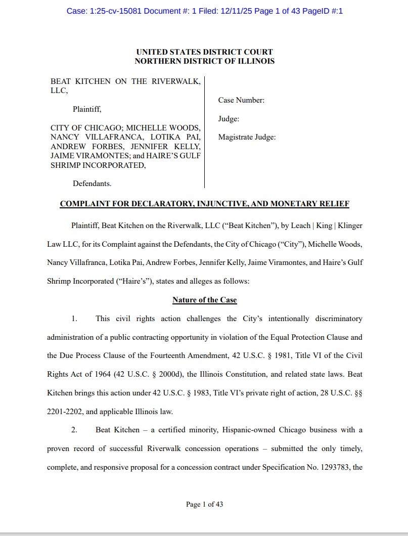 Breaking EXCLUSIVE: The owner of the Beat Kitchen has filed a federal civil rights lawsuit against Mayor Johnson's administration and the City of Chicago, claiming he was denied a permit to operate on the Riverwalk because of his race. The lawsuit features FOIA'd communication