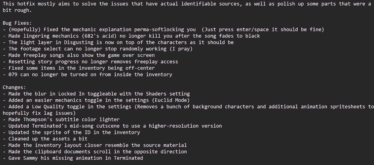 Hotfix 1 (v1.0.1) is live now! If anyone experiences any more mysterious bugs, please let us know.
gamebanana.com/mods/639505