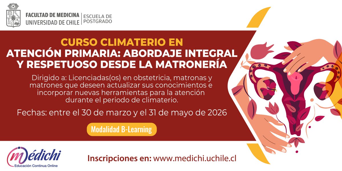 💡 Perfecciona tus habilidades con el Curso B-Learning 2026 “Climaterio en Atención Primaria: Abordaje Integral y Respetuoso desde la Matronería”. Dirigido a matronas, matrones y licenciadas(os) en obstetricia. 

Cupos limitados 👉 medichi.uchile.cl/curso-climater…