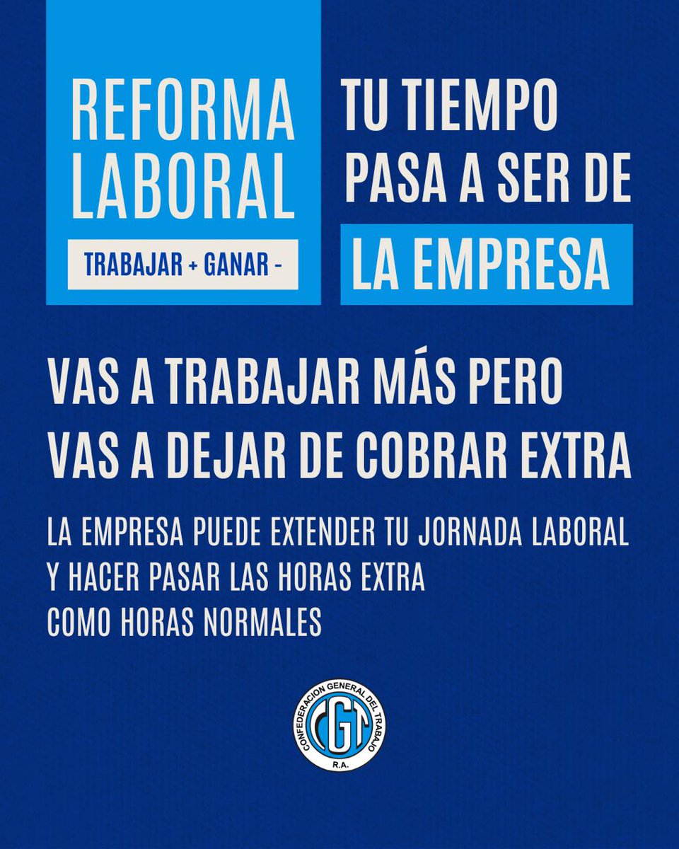 💥 LA REFORMA LABORAL ES UN ATAQUE DIRECTO A LAS Y LOS TRABAJADORES

No es modernización: es ajuste y precarización.

#CGTMarcha #ReformaLaboral #FlexibilizacionLaboral #MovimientoObreroOrganizado #TrabajadoresUnidos