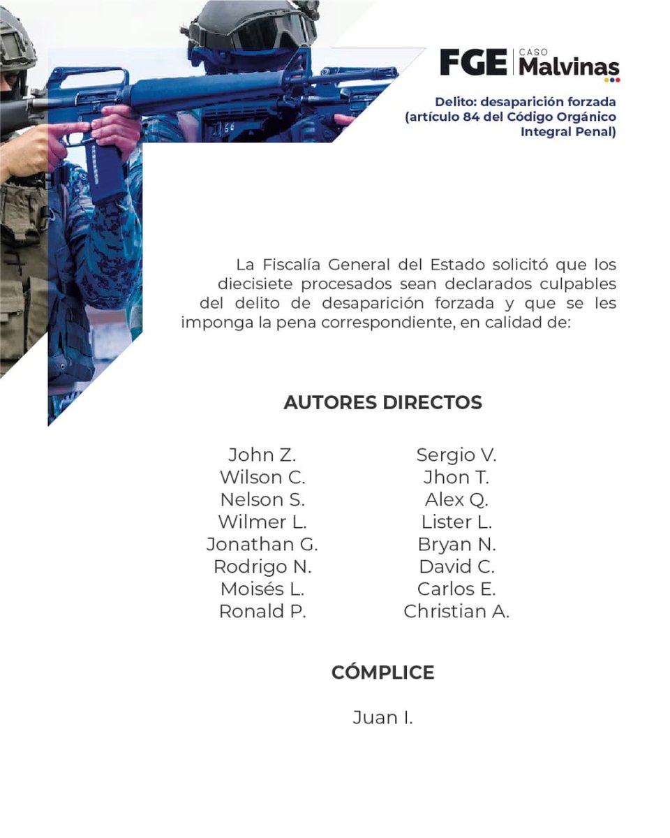FiscaliaEcuador's tweet photo. #ACTUALIZACIÓN | #CasoMalvinas: concluyen los alegatos de cierre. #FiscalíaEc solicitó 34 años de prisión para los autores, 7 años para el cómplice y 30 meses para los cooperadores eficaces. El Tribunal informará oportunamente la fecha y la hora para dar a conocer su decisión. ⬇️ https://t.co/g1E8eXjLic