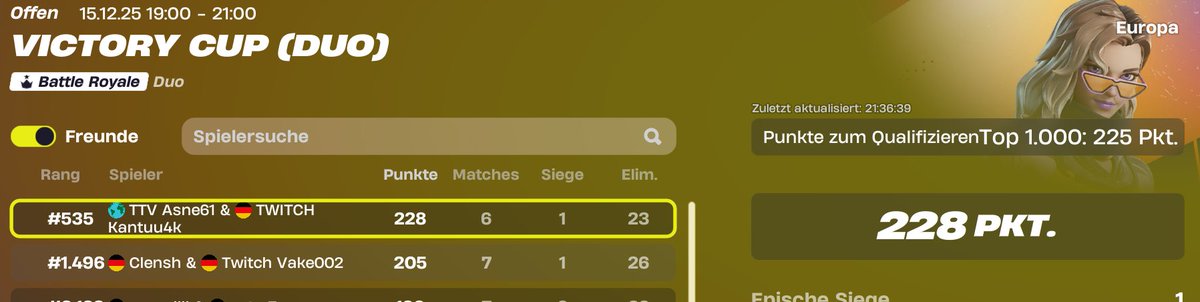 JUST QUALED ON STREAM FOR THE DUO VIC CUP 228 points <a href="/Asne61/">Asne</a>   #Fortnite #Duo #VictoryCup twitch.tv/kantuu4k