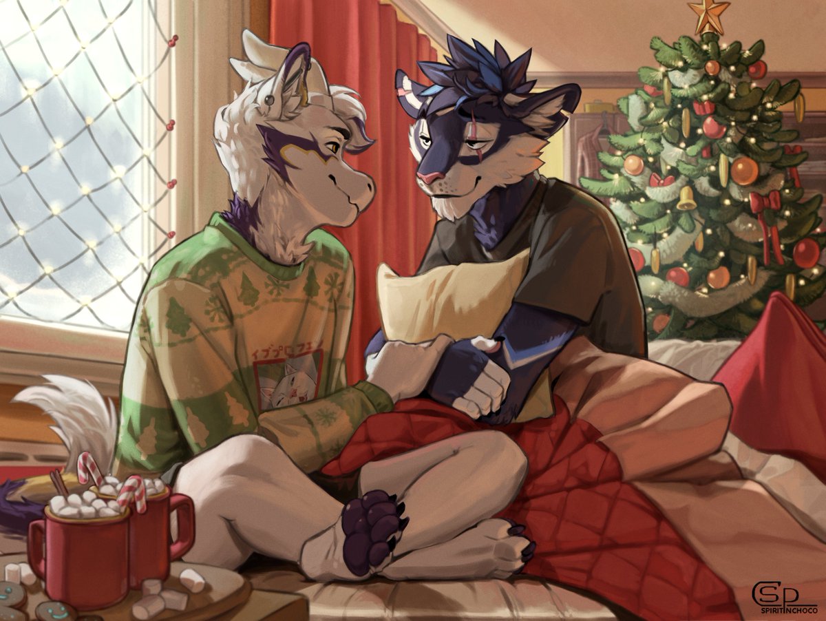 Christmas morning with hot chocolate for <a href="/starkthedragon/">Stark</a> and <a href="/StormyPupCat/">Stormy 🔜 NFC, Faun, Ibercon, Awoo</a>