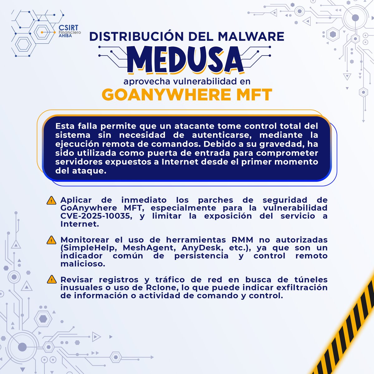 🚀 El ransomware Medusa está explotando la vulnerabilidad crítica en GoAnywhere MFT.
⏱️ Es recomendable aplicar los parches de seguridad y revisar accesos inusuales.
#Ciberseguridad #Ransomware #Medusa #GoAnywhereMFT #Vulnerabilidad #ParchesDeSeguridad #SeguridadDigital