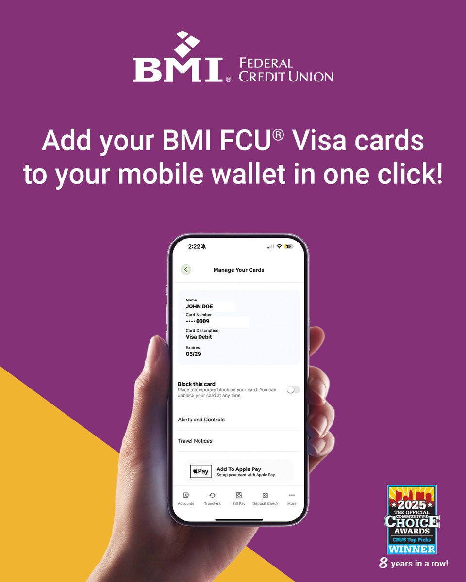 Easily add your BMI FCU cards to your mobile wallet at the click of a button! Log into the BMI FCU mobile app to add your card today. #BMIFCU