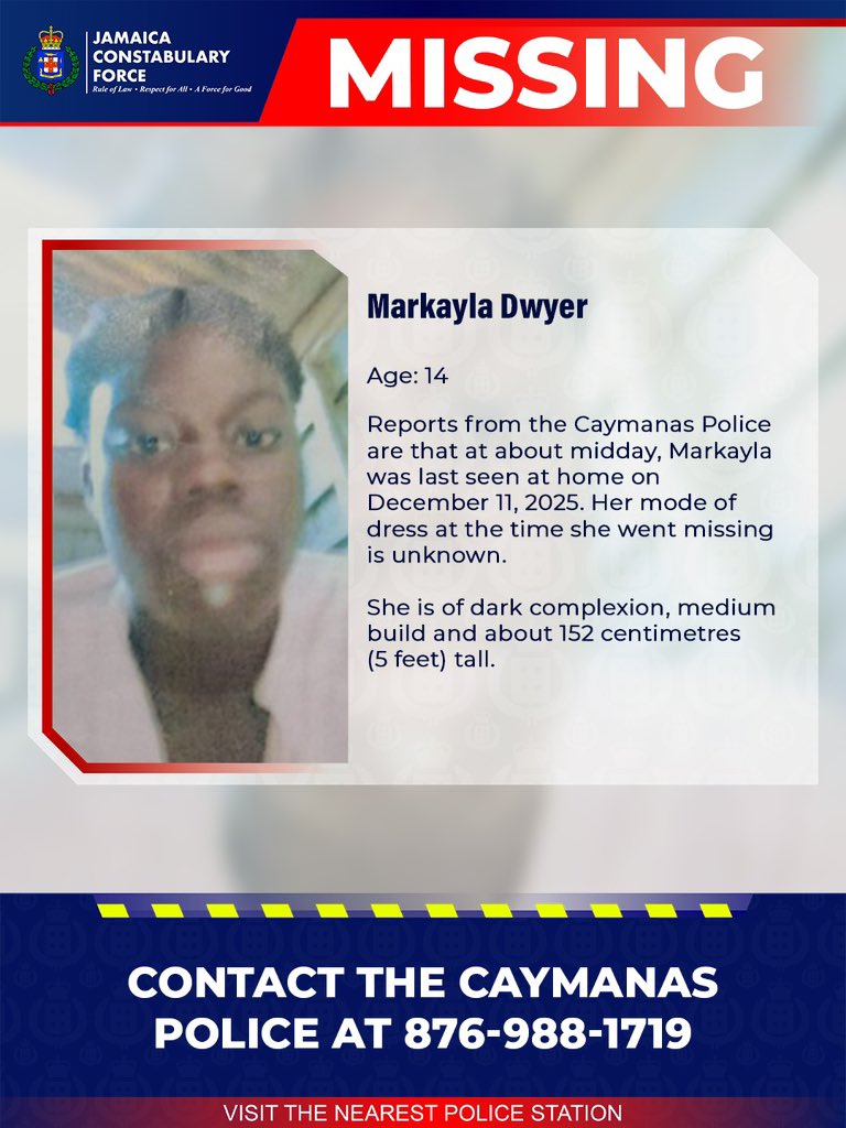 JamaicaConstab's tweet photo. An Ananda Alert has been activated for 14-year-old Markayla Dwyer, otherwise called ‘Kayla,’ of Dover Avenue, Gregory Park in St. Catherine who has been missing since Thursday, December 11.
 
She is of dark complexion, medium build and about 152 centimetres (5 feet) tall.
 
Reports from the Caymanas Police are that at about midday, Markayla was last seen at home. Her mode of dress at the time she went missing is unknown. She has not been heard from since.