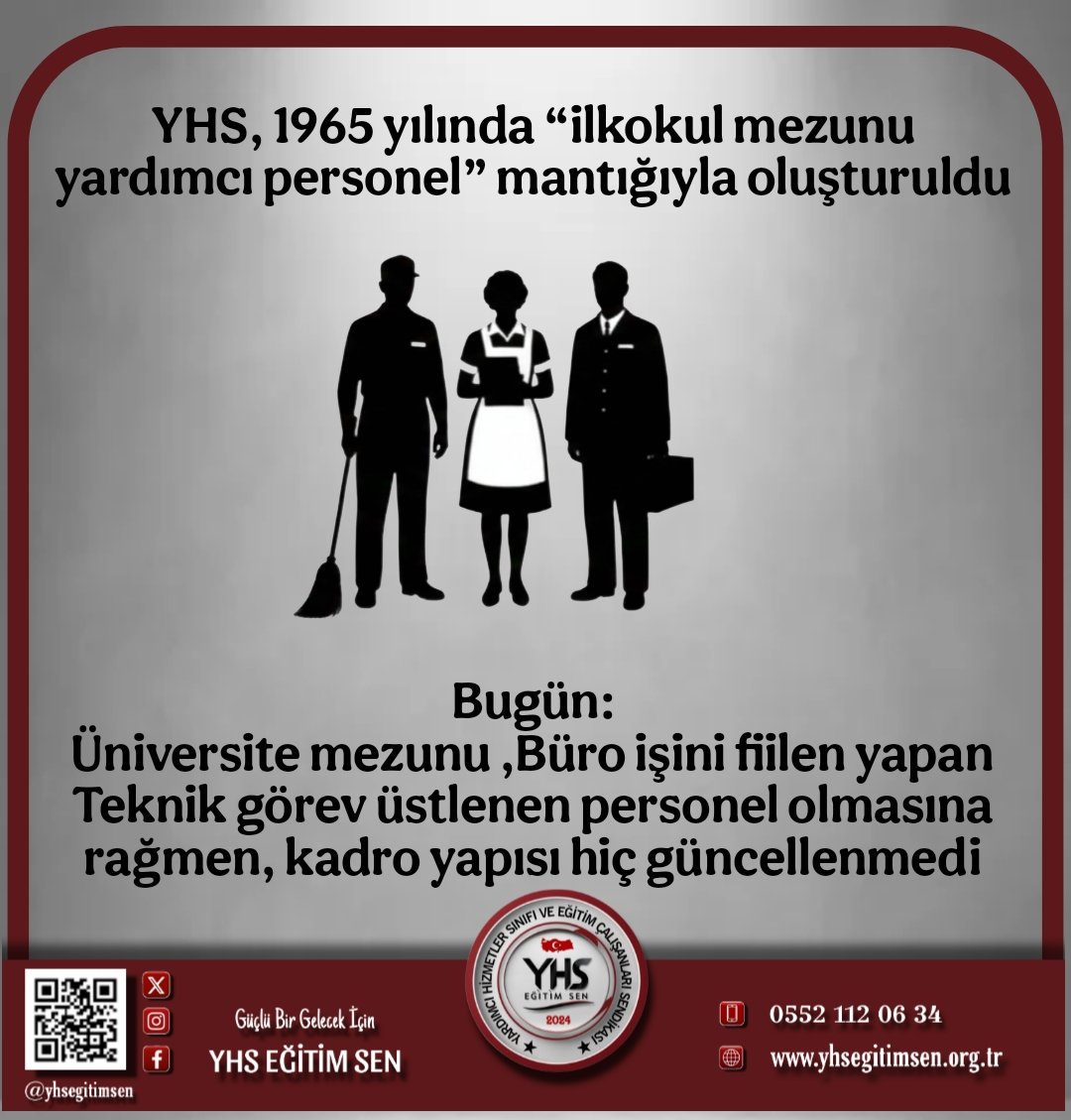 YHS, 1965 yılında “ilkokul mezunu yardımcı personel” mantığıyla oluşturuldu

Bugün:

Üniversite mezunu

Büro işini fiilen yapan

Teknik görev üstlenen personel olmasına rağmen, kadro yapısı hiç güncellenmedi

#YardımcıHizmetlerSınıfı
<a href="/yhsegitimsen/">Yardımcı Hizmetler Sınıfı Eğitim Sendikası</a> <a href="/yhsplatform/">Yardımcı Hizmetler Sınıfı Platformu</a>
#YhsSözüTutulsun