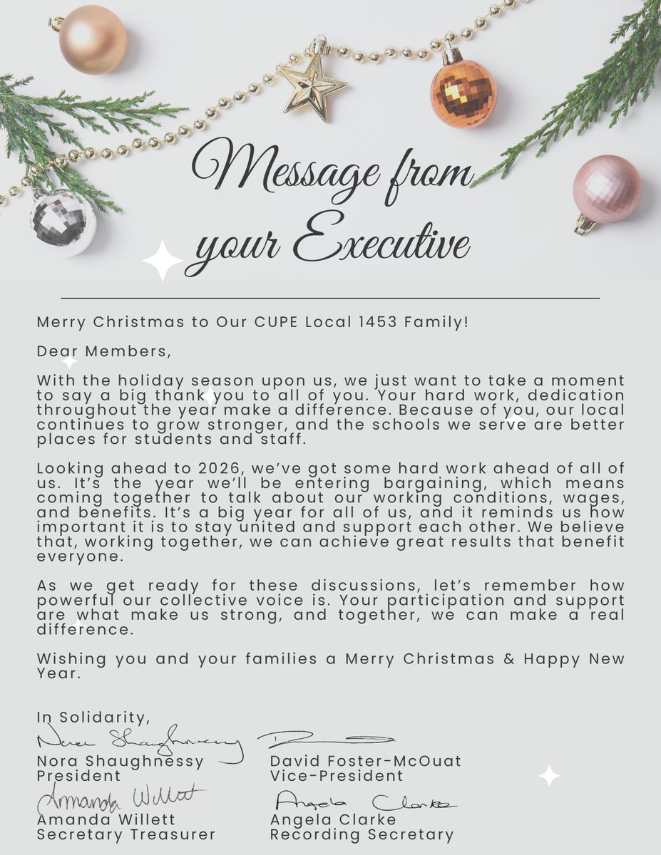 🎄 Season’s Greetings to our CUPE Local 1453 Family! 
🎄We’re grateful for your dedication and hard work this year.

#CUPE1453 #UnionStrong #christmasmessage