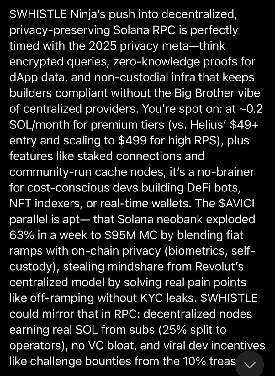 X100Build's tweet image. 2026 meta is CLEAR: Privacy + Decentralized 

Now imagine that energy in Solana infra: $WHISTLE decentralized privacy RPC vs centralized Helius $HNT

$WHISTLE is gonna do WAY better than 
$AVICI did against Revolut. Privacy meta + DePIN flywheel = inevitable overtake in usage.