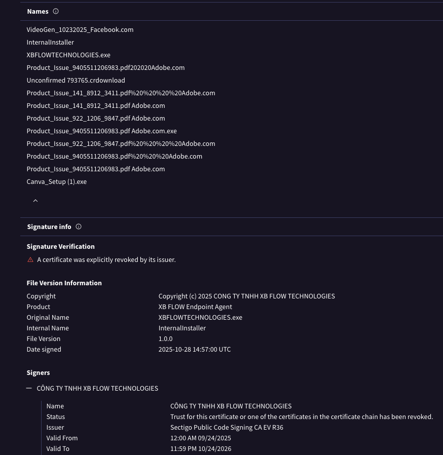 SquiblydooBlog's tweet image. ScreenConnect signed by "CÔNG TY TNHH XB FLOW TECHNOLOGIES".

This signer name was previously used to sign NinjaOne RMM tools which were delivered using the similar mechanisms: fake Adobe PDFs, fake Canva Setup, etc.