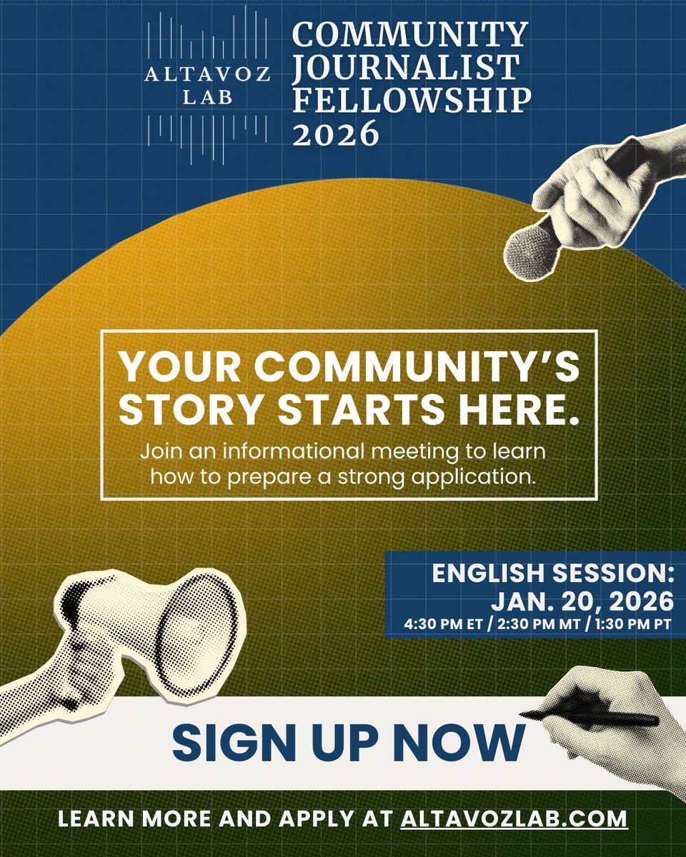Altavoz_Lab's tweet photo. 📣 Community journalists! 
Join our orientation sessions to learn how to apply for the Altavoz Lab Community Journalist Fellowship 2026.

🔗Sign up here: https://t.co/5ryZh0RgmE

 #CommunityJournalism #AltavozLab https://t.co/FIGM14oPMw