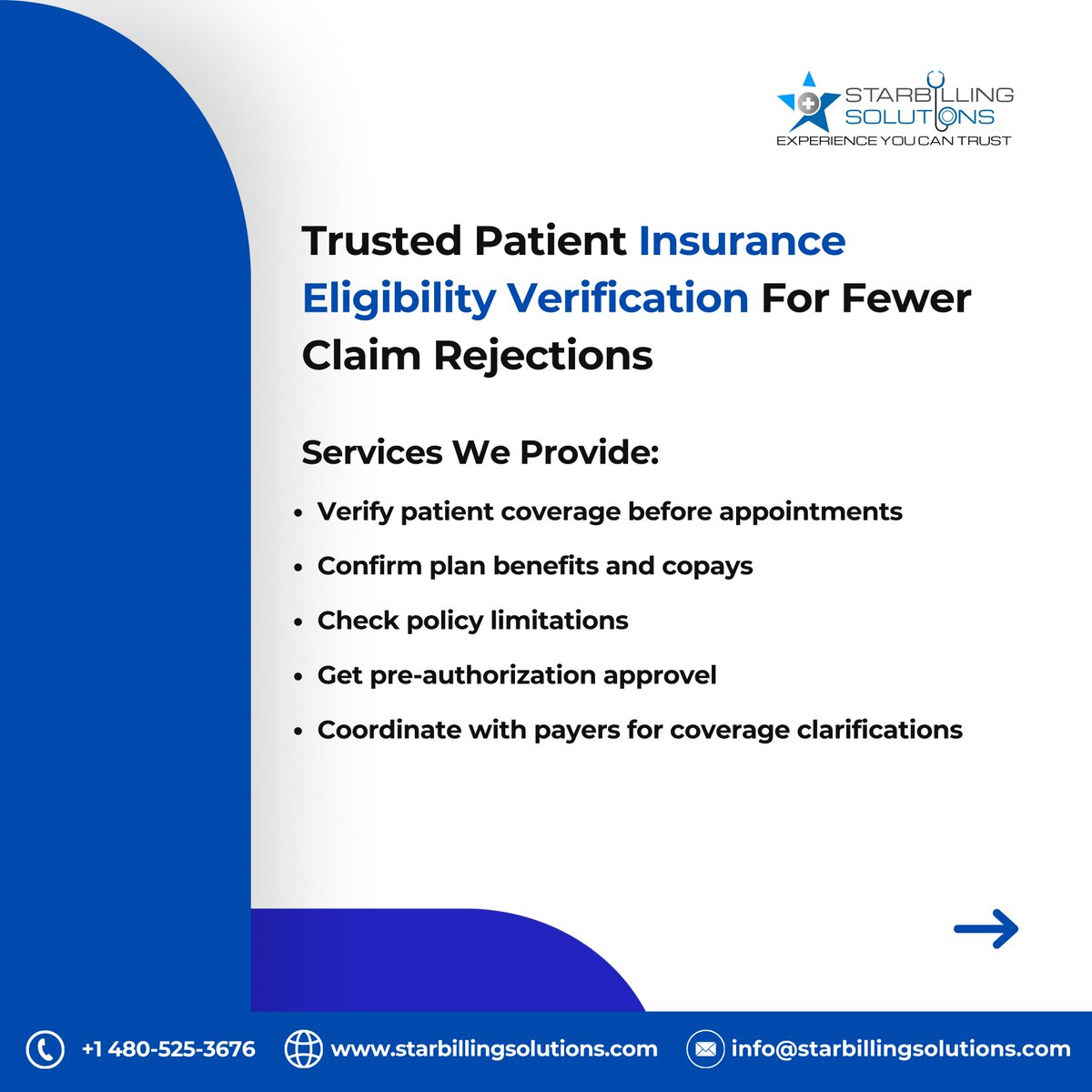 starbillingllc's tweet image. Optimized Patient #InsuranceVerification Services

Star Billing Solutions offers patient insurance #eligibilityverification services to check #medicarecoverage, #benefitverification, and #preauthorizations before #claimssubmission.

Reach Out Today:
🌐 starbillingsolutions.com/patient-insura…