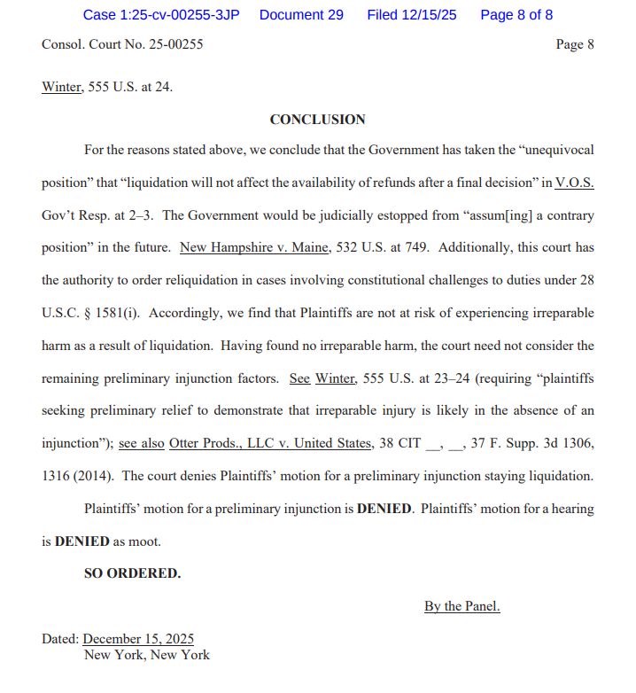 ZoeTillman's tweet image. NEW: A US trade court denied a request to suspend a customs process for finalizing import duties while SCOTUS decides whether to strike Trump’s tariffs. Admin said it won't oppose orders to recalculate tariffs (and pay refunds) if it loses, so the court said it didn't need to act…